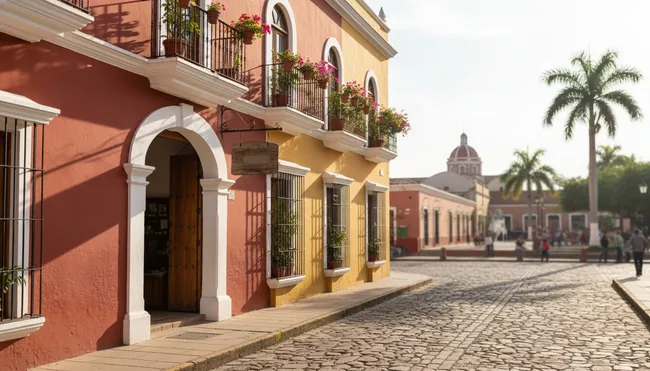 Traditional colonial style hotel building in the center of Catemaco town