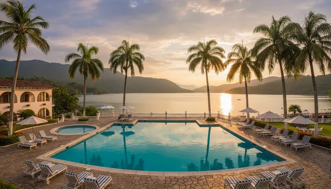 Lakefront hotel pool terrace with a view of the water in Catemaco