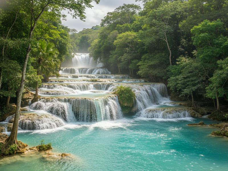 Agua Azul waterfalls in Chiapas with turquoise stepped cascades during dry season when the water runs clear