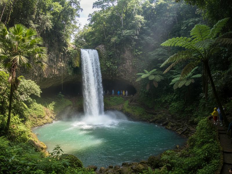 Misol-Ha waterfall in Chiapas with visitors walking on the path behind the cascade curtain