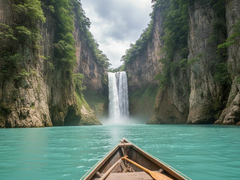 Tamul waterfall seen from a canoe on the Rio Santa Maria in Huasteca Potosina, 105 meters wide and dropping into turquoise water