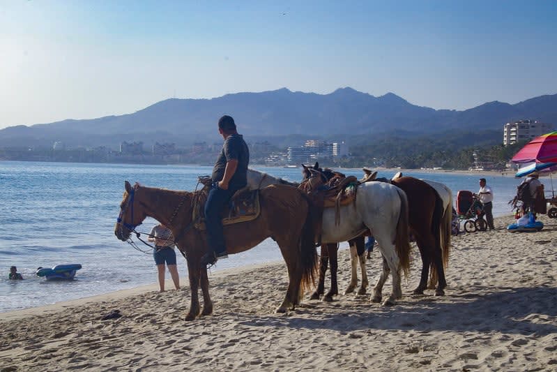 Wide sandy beach with gentle waves and buildings along the shore