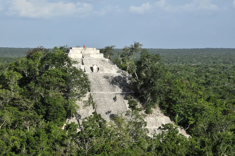 Large stone pyramid with long central stairs rising above dense green forest under a blue sky