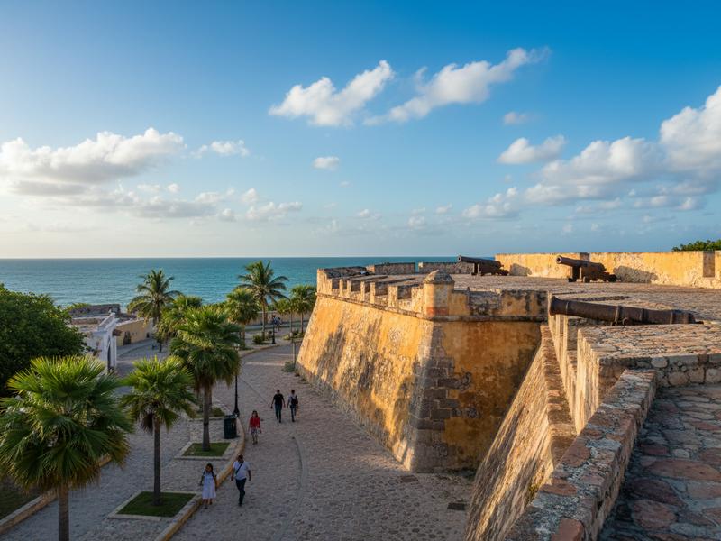 Stone bastion fortress wall in Campeche with arched doorway and colonial architecture