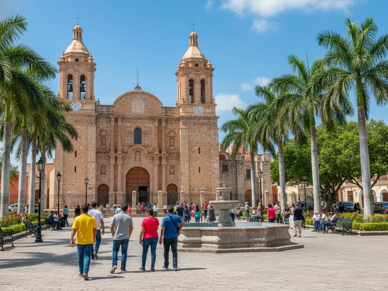 Cathedral of Campeche and main plaza with palm trees and colonial buildings at golden hour