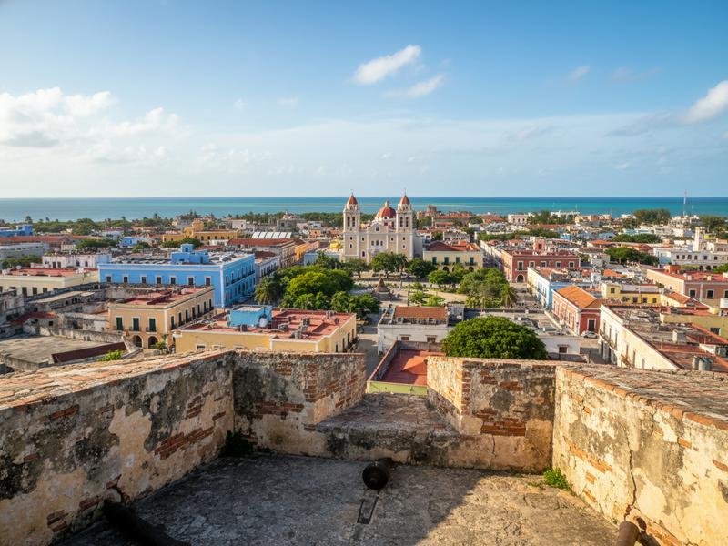 Panoramic view of Campeche city and Gulf of Mexico from the hilltop Fort San Miguel