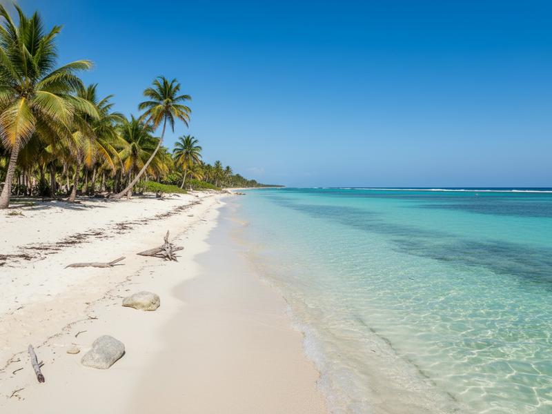 Tranquil Gulf of Mexico beach near Campeche with calm turquoise waters and palm trees