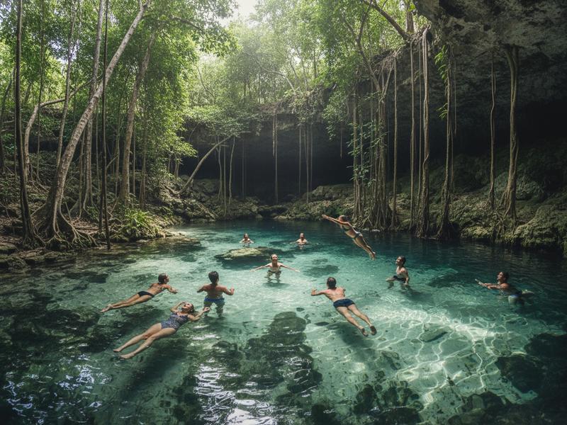 Travelers swimming in a clear Yucatan cenote as a smart hurricane-season backup plan from Cancun