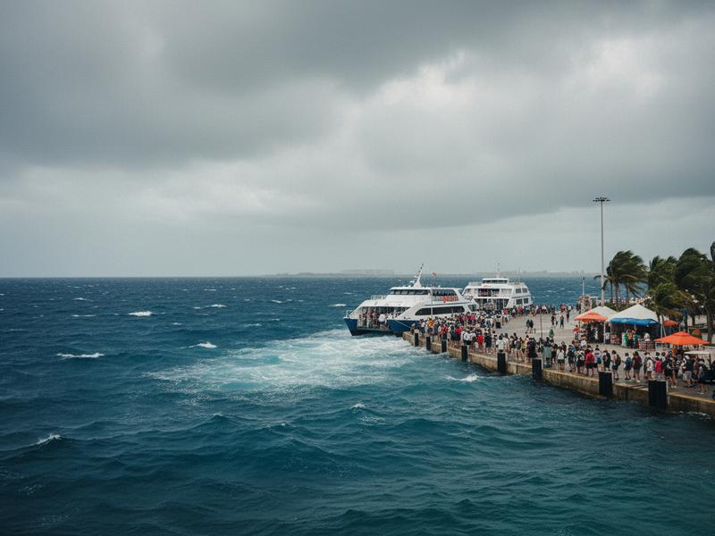 Ferry and choppy water near Cancun and Isla Mujeres during storm season, showing why marine plans need flexibility