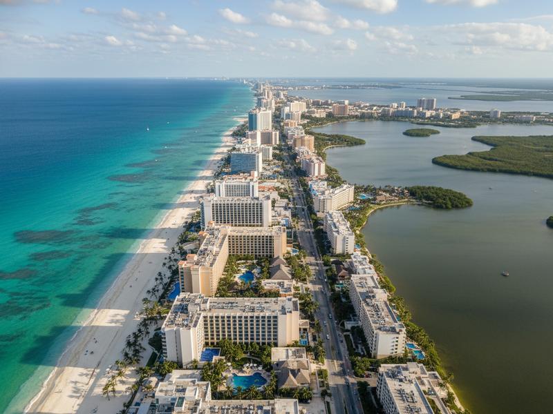 Aerial view of Cancun Hotel Zone with the Caribbean on one side and Nichupte Lagoon on the other