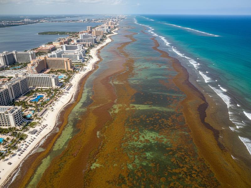 Aerial view of Cancun Hotel Zone sandbars beside turquoise water