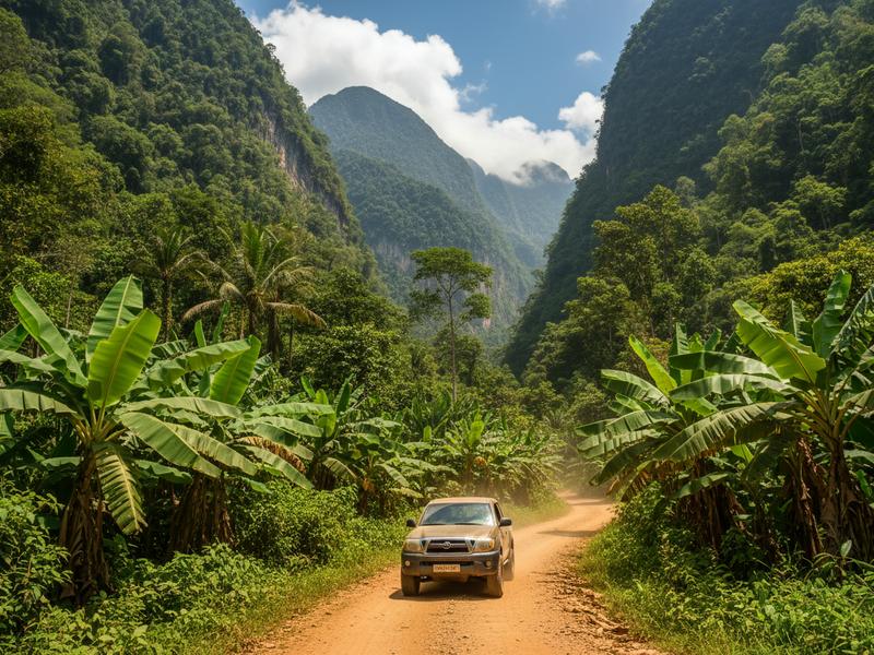 Winding mountain road through jungle leading to Tamul waterfall access points