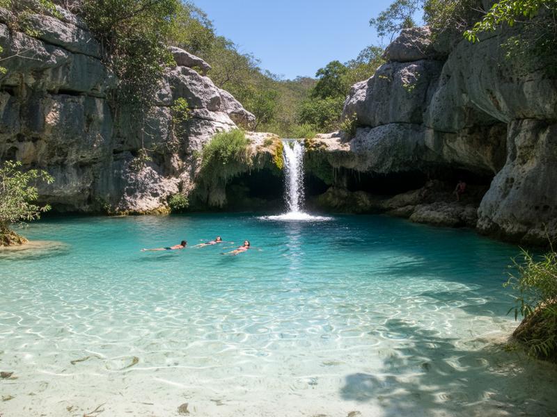 Crystal clear turquoise water at Cascadas de Micos during dry season