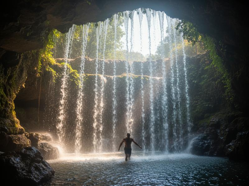 Wide curtain waterfall at Cascadas de Tamasopo with swimmers in pool below