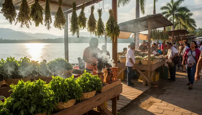 Catemaco boardwalk market stalls selling various items near the lake