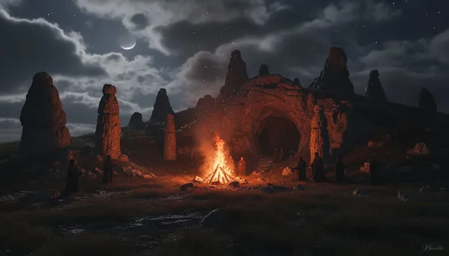 Nighttime witchcraft ceremony with a large bonfire burned during the festival