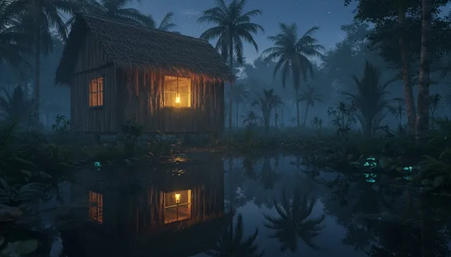 Rustic jungle cabin lit by warm light at night