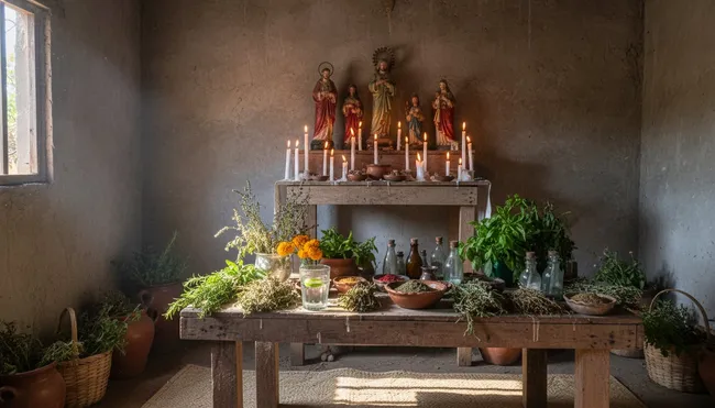Traditional healer altar featuring herbs and religious imagery