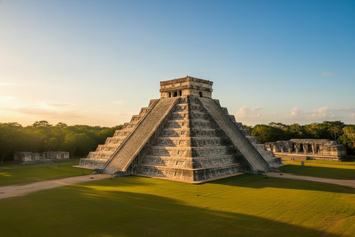 Sunlit stone pyramid centered on a lawn, with surrounding ruins and forest