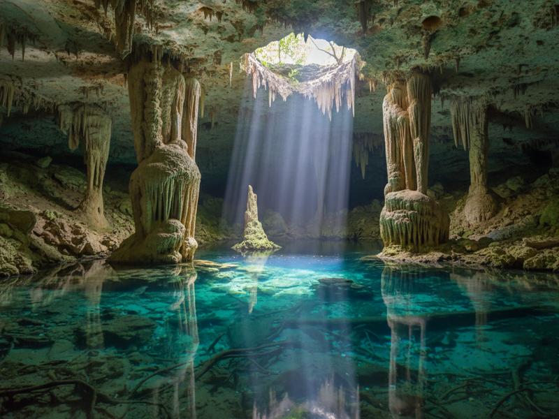 Underwater photo of Cenote Angelita Tulum Mexico showing hydrogen sulfide cloud halocline with diver silhouette