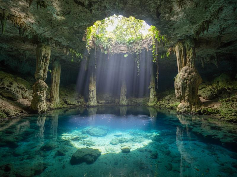Cenote Car Wash Aktun Ha near Tulum Mexico with lily pads and turquoise freshwater surrounded by jungle