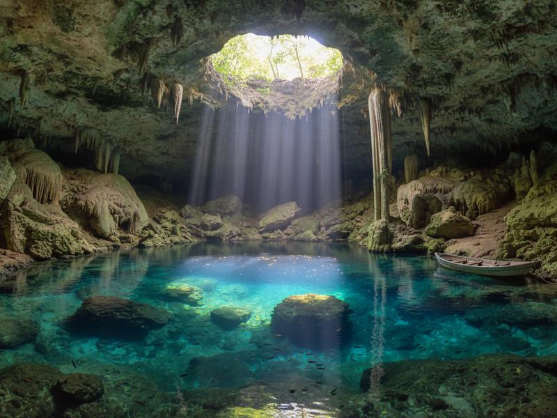 Snorkeler in Cenote Cristalino near Playa del Carmen Mexico, brilliant transparent turquoise water