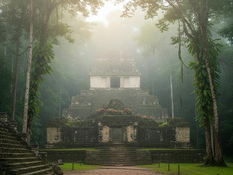 The Temple of Inscriptions at Palenque rising above jungle canopy with misty mountains in background
