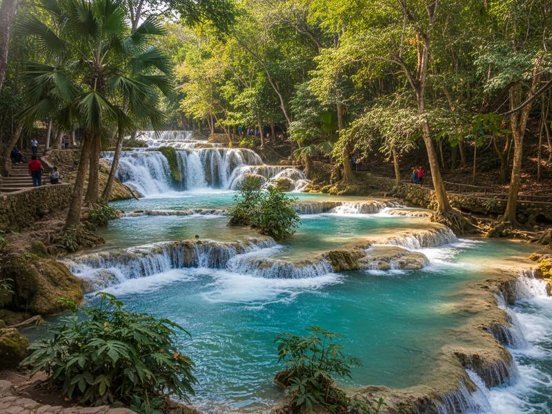 Multiple levels of Agua Azul waterfalls showing turquoise water flowing over white limestone