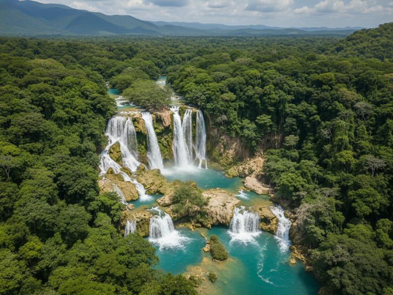Cascading turquoise waterfall in Chiapas surrounded by lush tropical vegetation