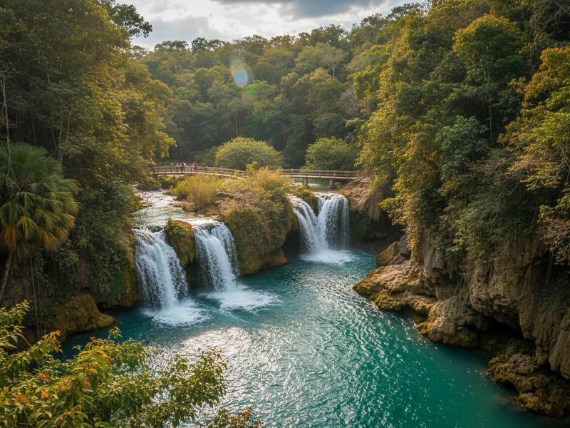Pristine turquoise waters of Las Nubes waterfalls flowing through dense jungle