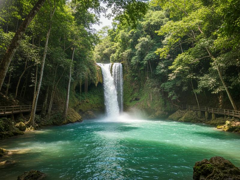Single dramatic drop of Misol-Ha waterfall into jungle pool with visitors swimming