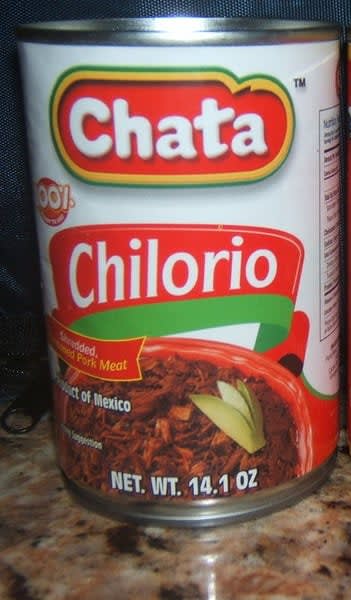 Can of Chata chilorio shredded pork on a countertop
