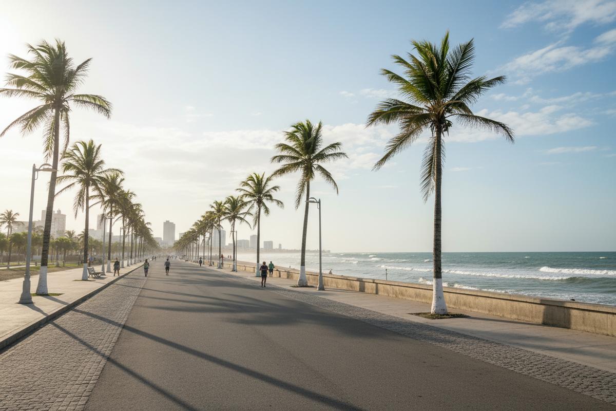 Coatzacoalcos malecon in March with Gulf water, palms, warm dry-season light, and a clear sky