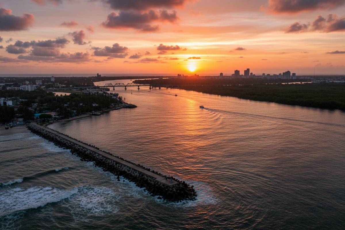 Coatzacoalcos waterfront at sunset with palm trees, Gulf water, and warm May haze