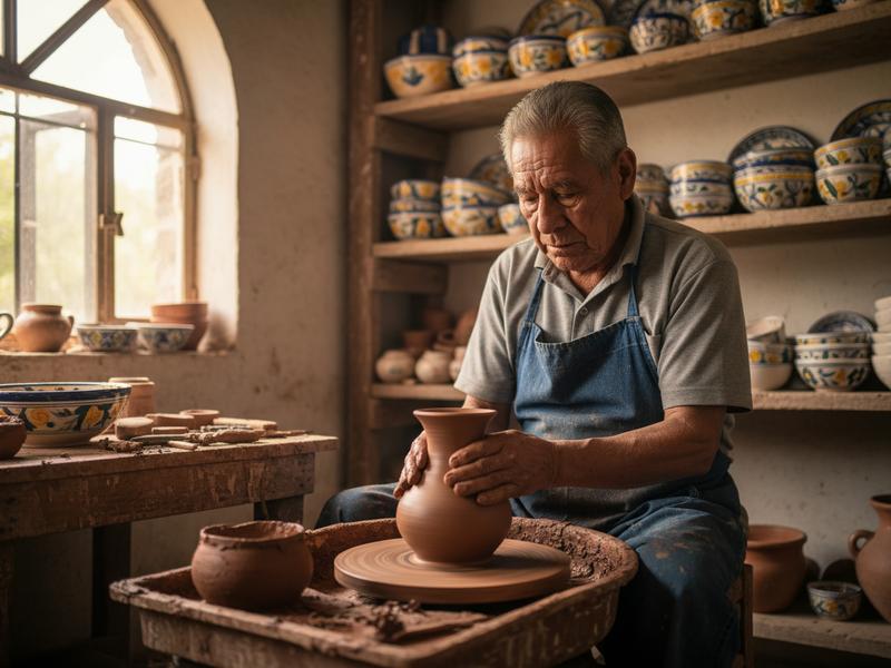 Environmental portrait of a Mexican artisan working in traditional workshop with elderly man shaping clay pottery on a wheel with warm natural light and shelves of Talavera ceramics in background