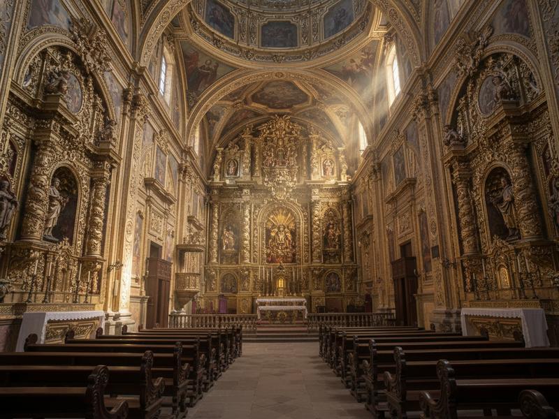 Interior photograph of an ornate Mexican Baroque church sanctuary with golden altar covered in gold leaf and dramatic beams of sunlight streaming through high windows
