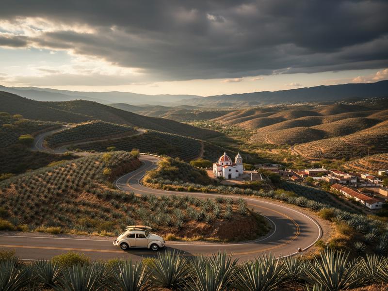 Panoramic landscape photograph of the Mexican highlands with a winding road cutting through green agricultural valley and distant colonial church spires visible under dramatic clouds