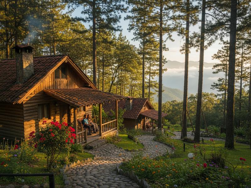 Wood cabins in Mazamitla surrounded by pines during Mexico summer