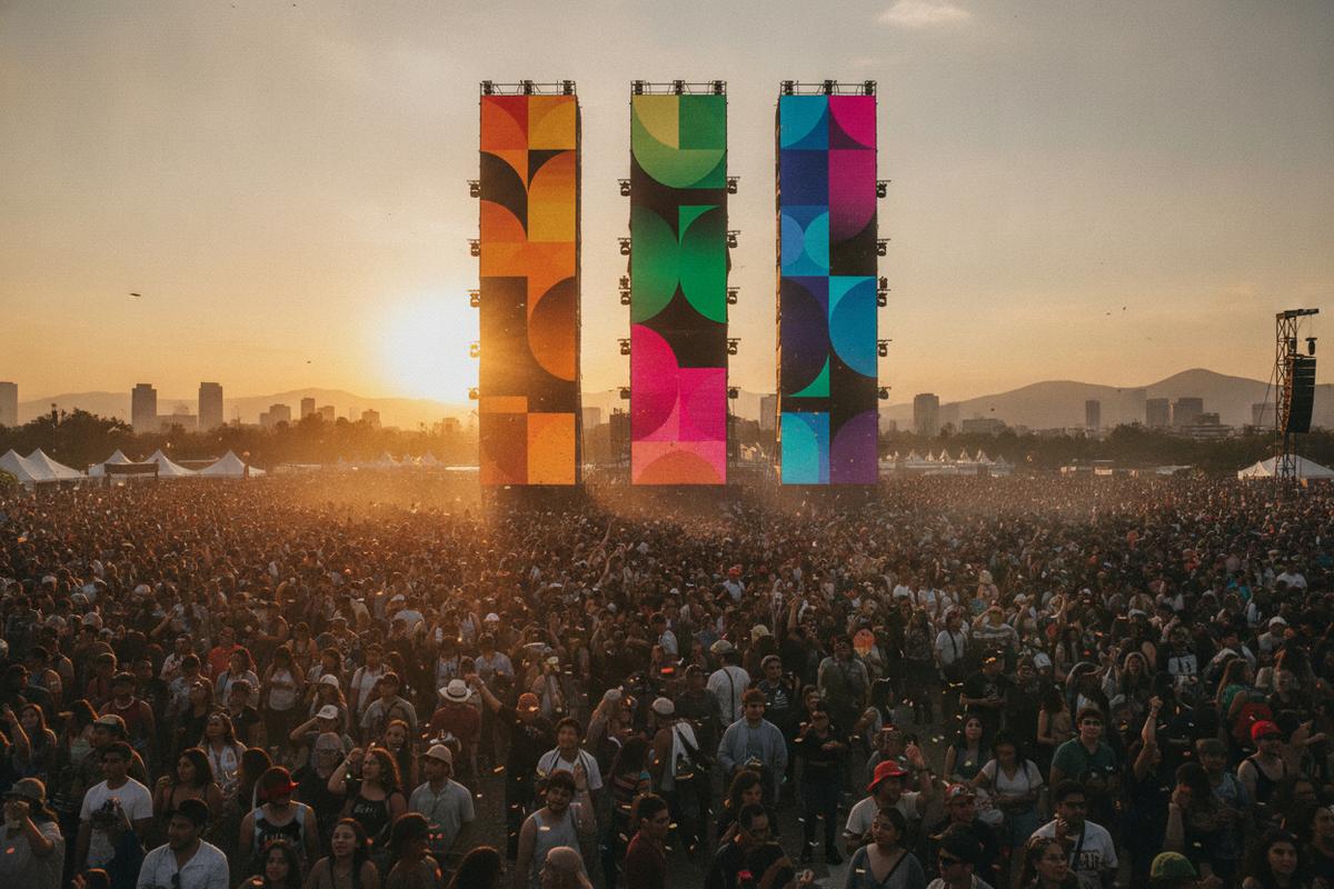 Three-day Corona Capital lineup displayed above a Mexico City festival crowd