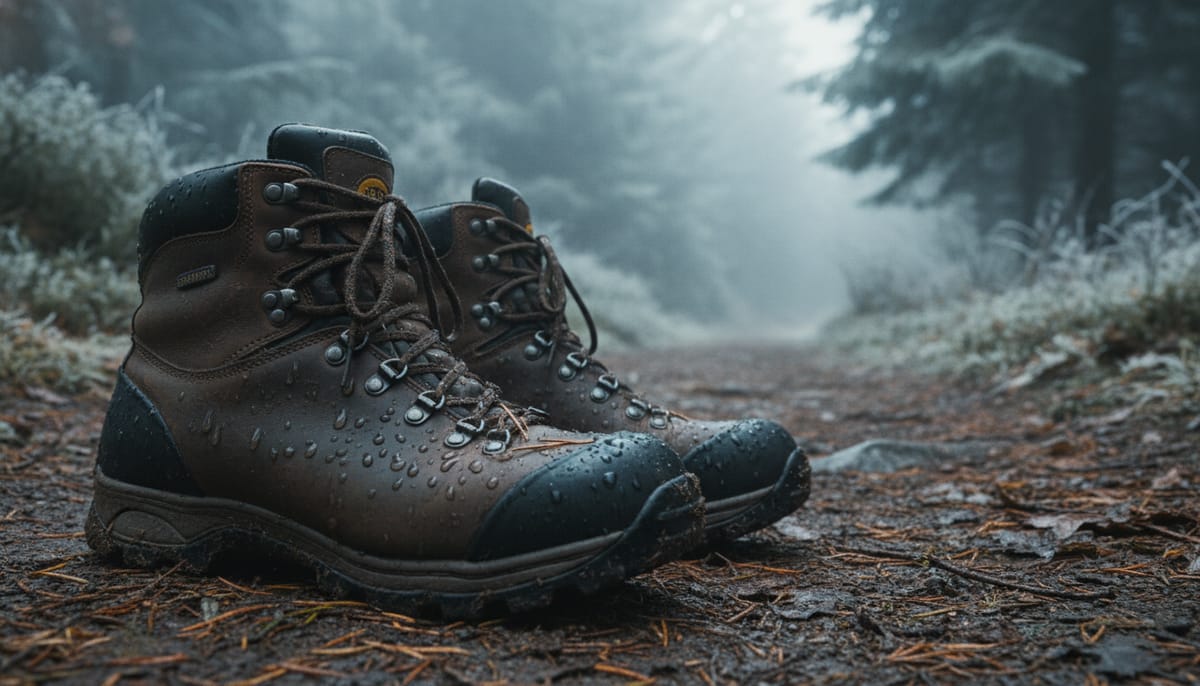 Hiker walking through a foggy and damp forest trail