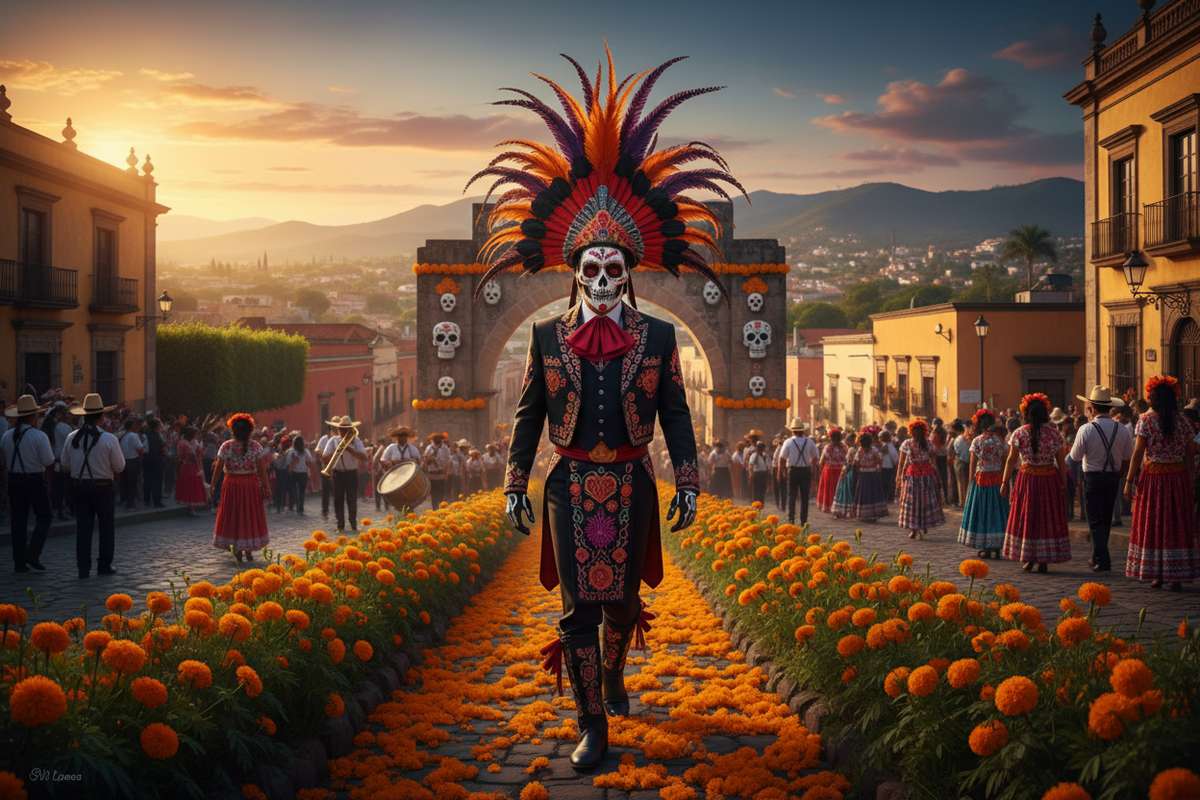 Marigold-covered ofrenda altar with candles and photos in Oaxaca City during Día de los Muertos