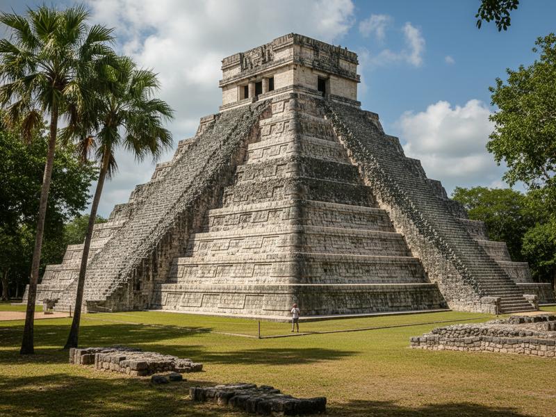 The iconic Five-Story Building at Edzná with its tiered levels rising against a blue sky