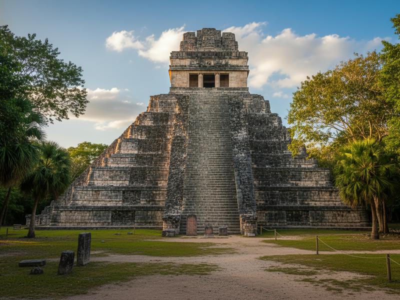 Wide view of the Great Acropolis at Edzná showing the main plaza and surrounding temple structures