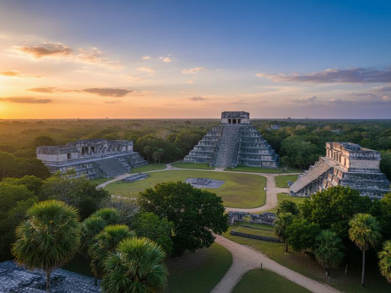Panoramic view across the main plaza of Edzná with the Five-Story Building and surrounding jungle