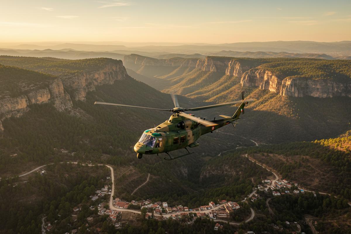 Mexican military helicopters over mountainous Jalisco landscape at sunrise during security operation