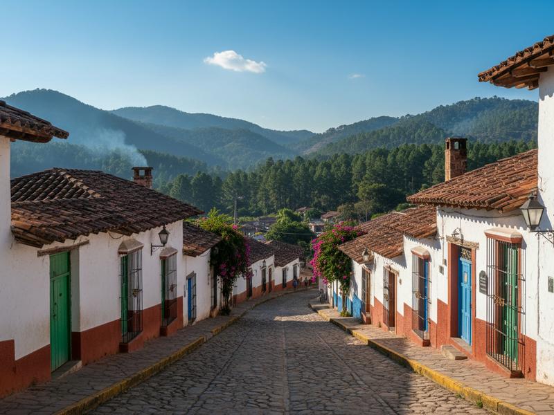 Scenic mountain town in Jalisco Mexico with colonial architecture and pine forest hills — typical of the region where CJNG operated