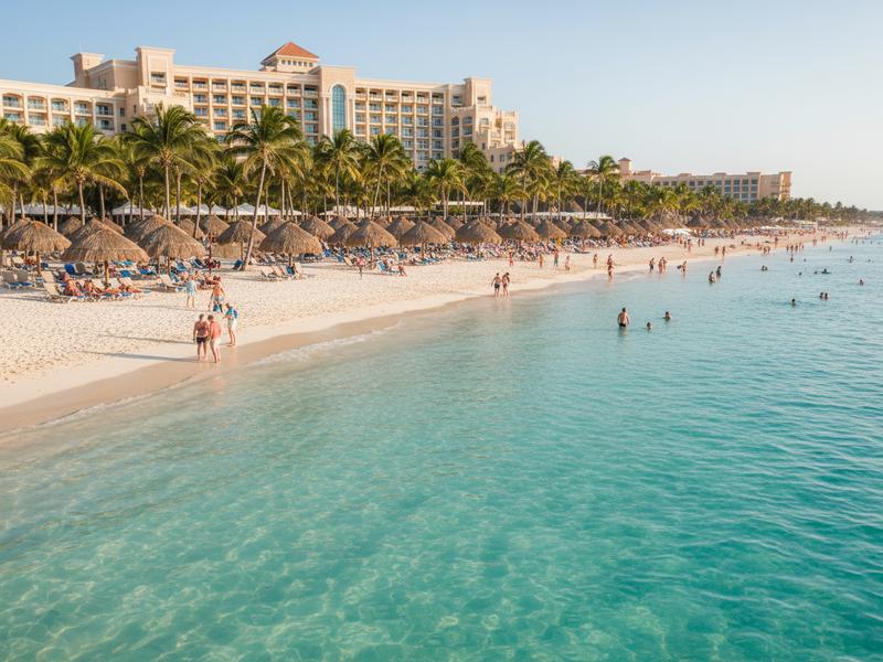 Tourists relaxing on a Mexican beach hotel zone with turquoise water — typical traveler experience unaffected by cartel activity