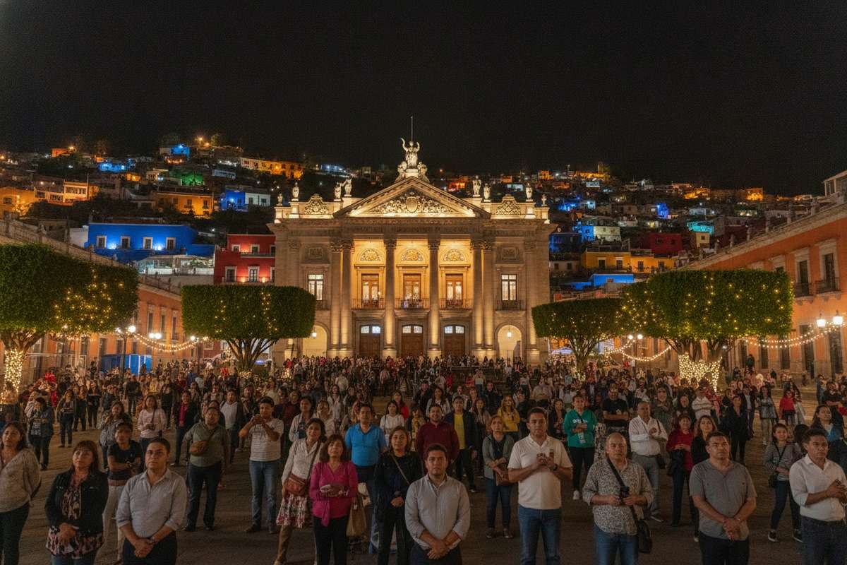 Festival Internacional Cervantino audience outside Teatro Juárez in Guanajuato at night