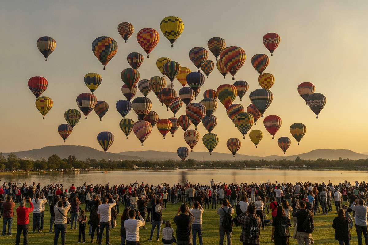 Hundreds of hot air balloons launching at dawn during Festival del Globo León