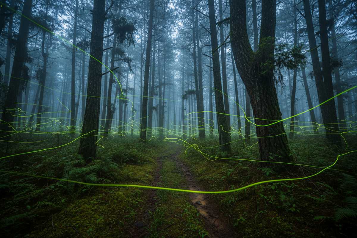 Fireflies glowing over a dark pine forest trail in Nanacamilpa Tlaxcala